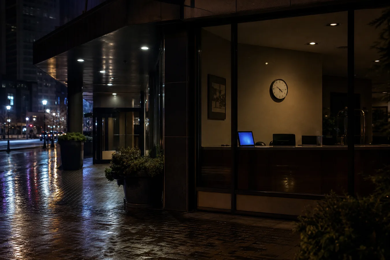Gece vakti camdan görünen otel lobisi ve ışıklı ekran