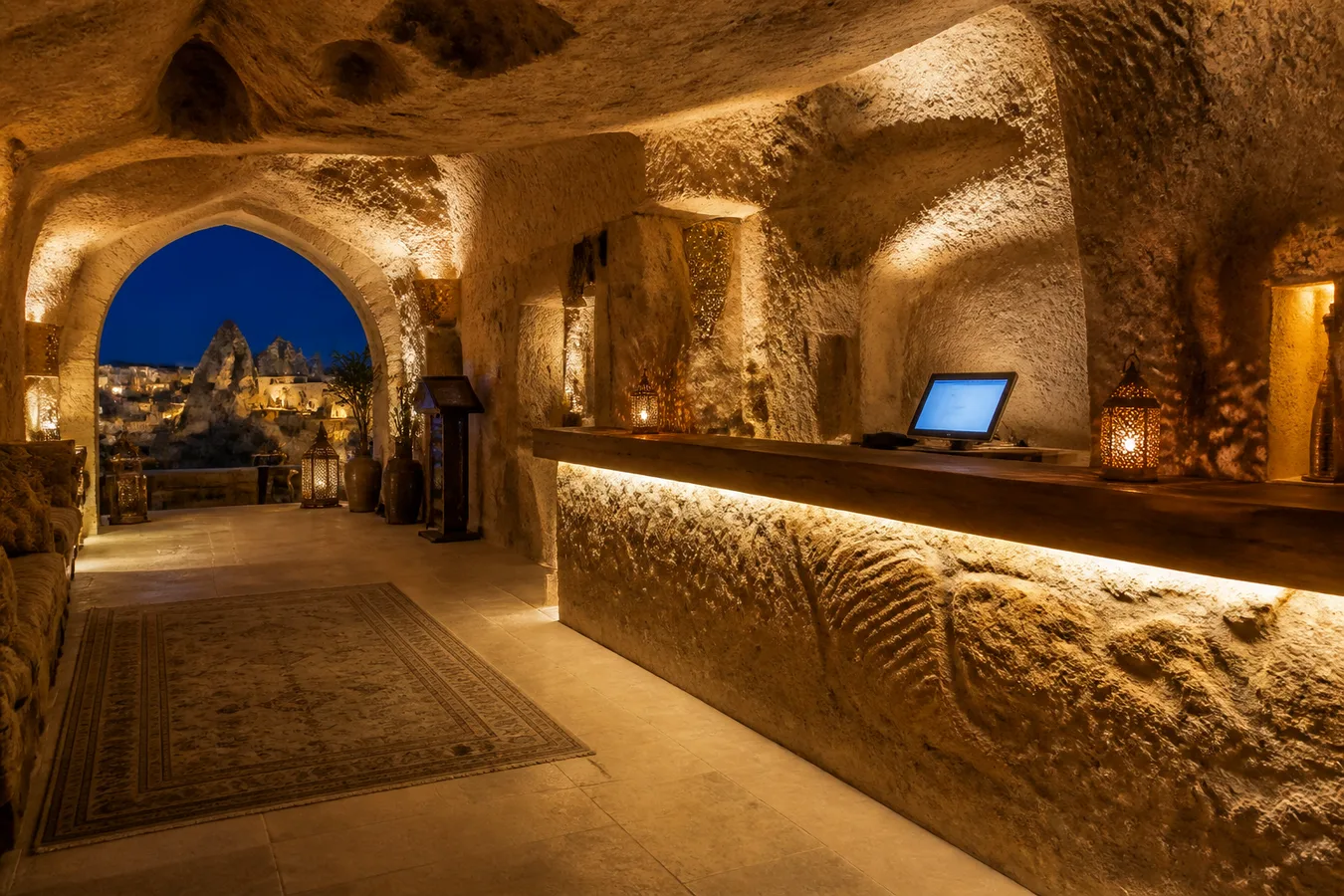 Kapadokya’da gece aydınlatılmış butik otel resepsiyonu