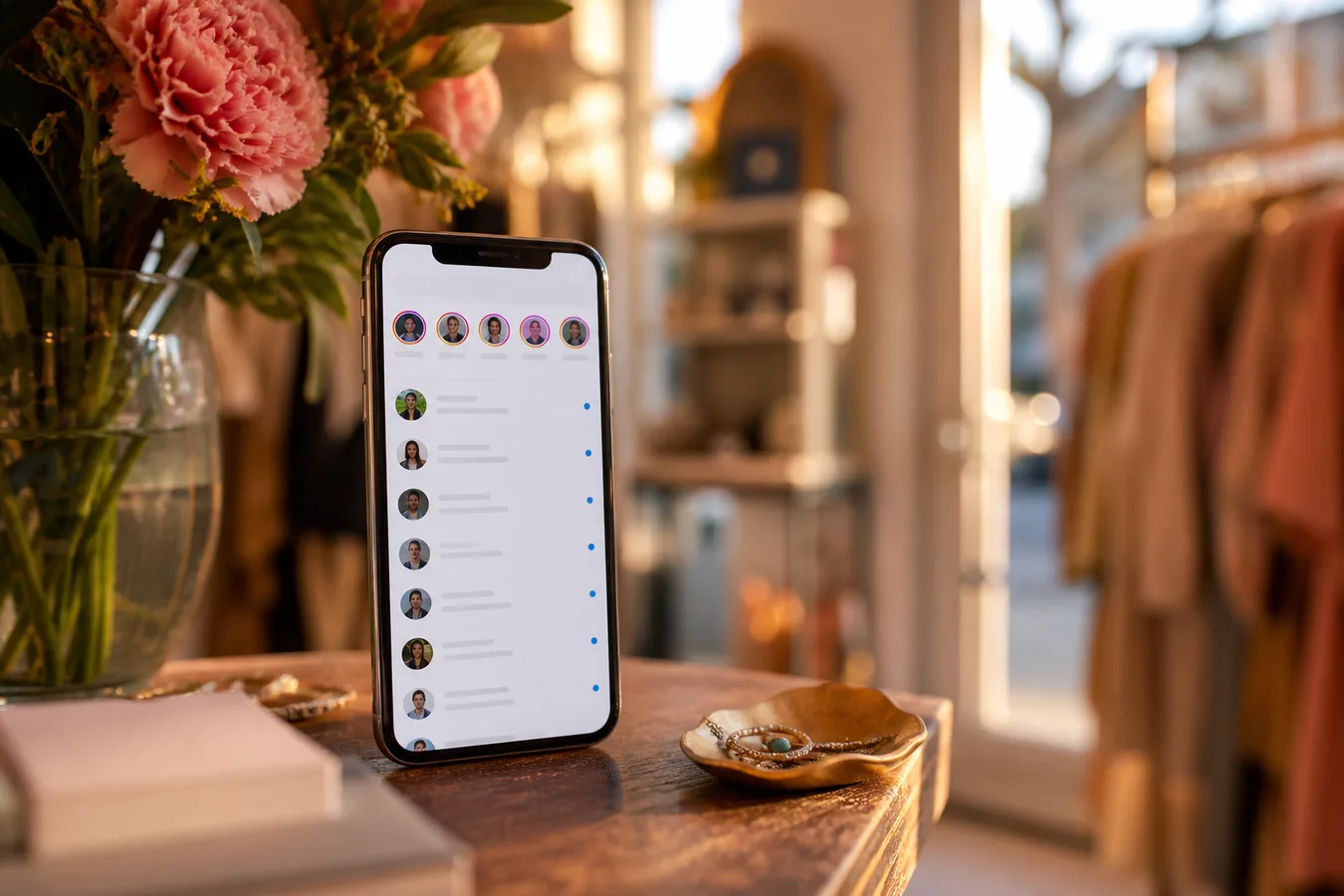 Vitrin tezgâhında sosyal medya mesaj kutusu açık telefon